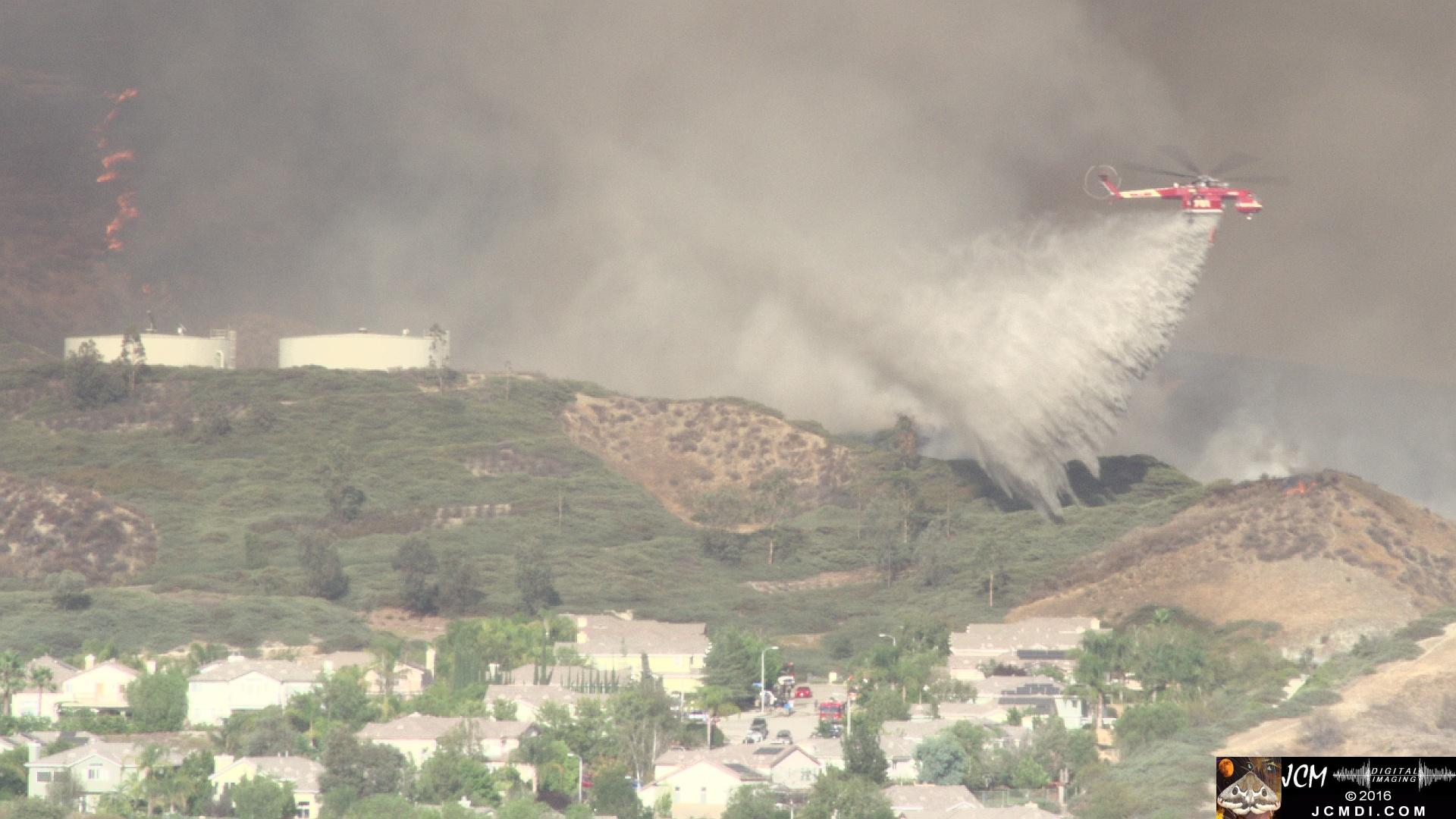 Firefighting Skycrane drops water near houses at Sand Fire, Fair Oaks 7-24-2016 JCMDI.COM